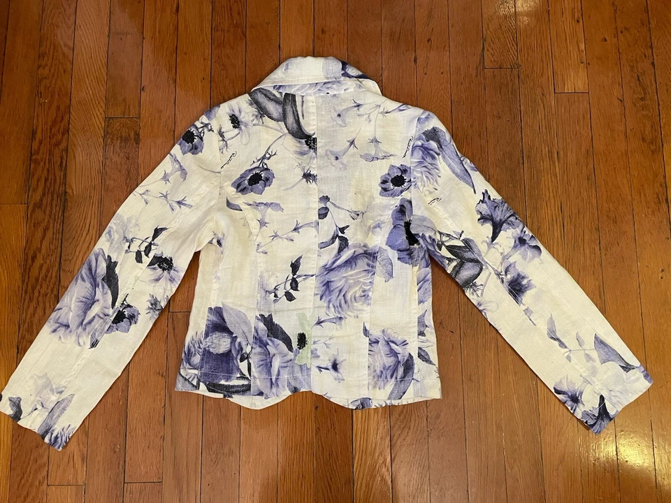 Roberto Cavalli Women’s Linen Blue White Floral Blazer Size Small - Image 2 of 4