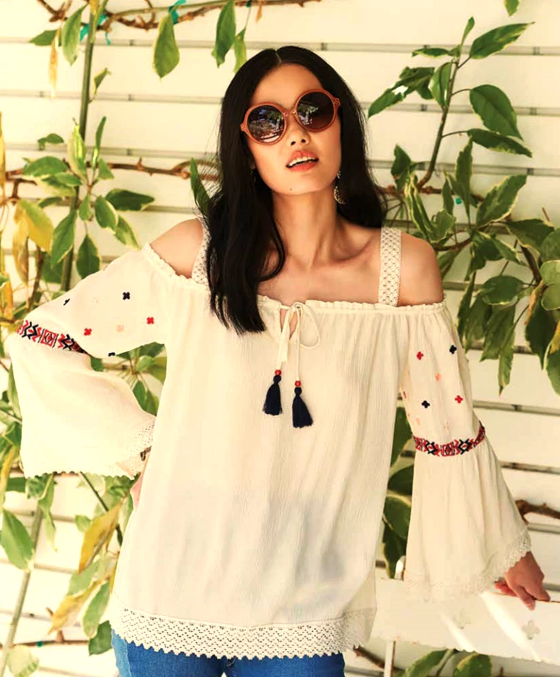 BLUSA BILA HIPPIE BOHO HOMBRO FRÍO TOP MARFIL BORDADO ENCAJE RIBETE GEORGETTE