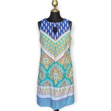 Nine West Shift Dress Sleeveless Geometric Print Knee Length Blue Aqua Size 8