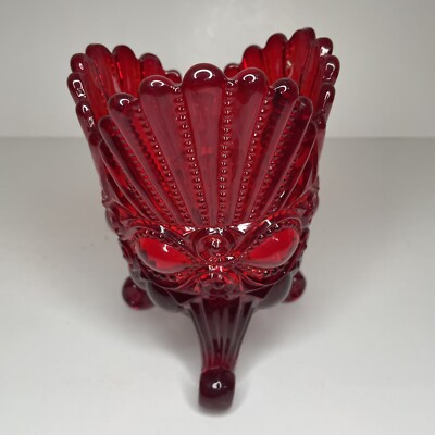 Mosser Glass Red Eye Winker Spooner 3 Footed Open Vase 6'' Ruby