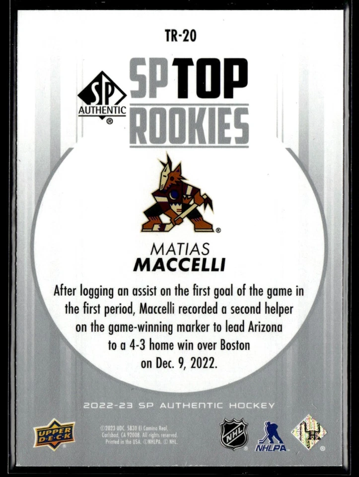 2022-23 SP Authentic Top Rookies Matias Maccelli #TR-20 - Image 2 of 2