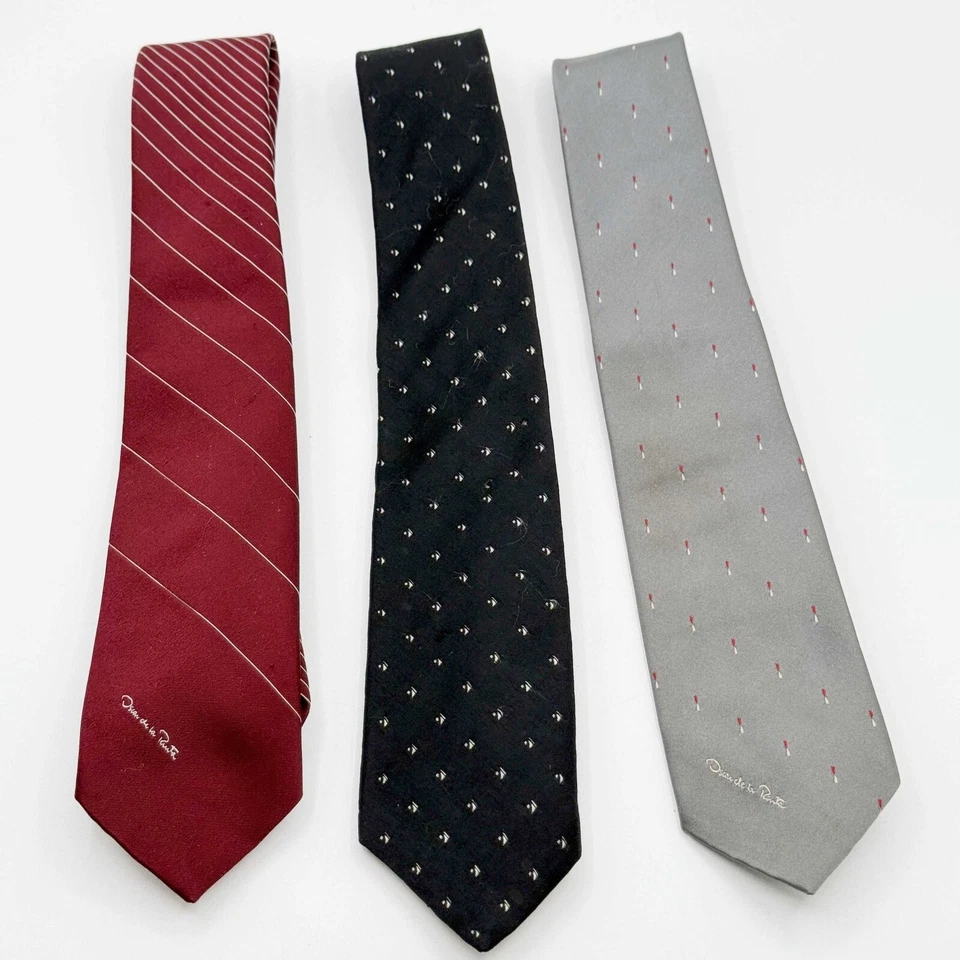 Lote De 3 Corbatas De Colección Oscar De Renta Corbata Rayas, Foulard, Gris, Rojo, Negro Foto 2 de 4