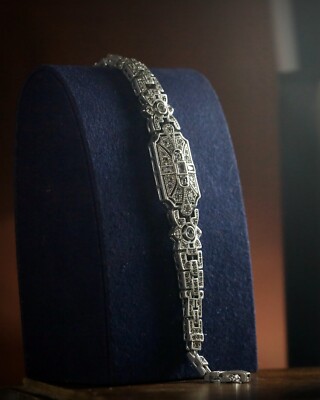 Bracelet Argenté Style Art Déco Vintage - CZ Bleu, Inspiration Années 1920 - Neuf Sans Emballage