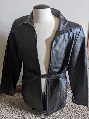 Worthington Medium Beautiful Black Leather Jacket NWT Full Zip With Sash Tie
