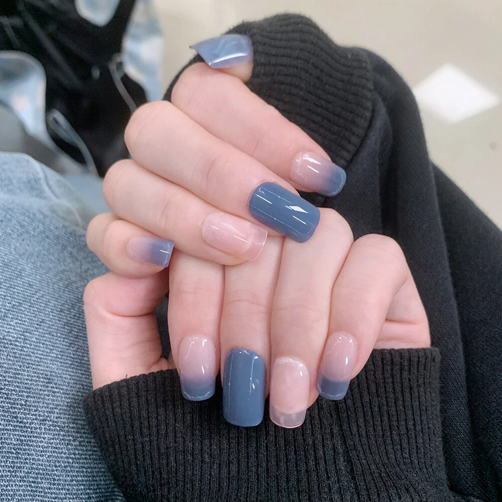 Square Short False Nail Gray Blue Gradient Press on Nails for Nail