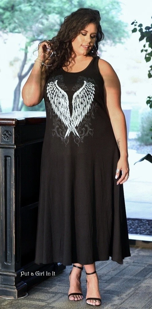 PALM ANGELS Abito midi senza maniche nuovo TAGLIE FORTI donna CRYSTAL NERO ALI D'ANGELO 1X BIKER