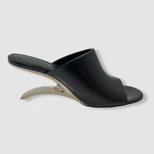 $990 Alexander McQueen Women's Black Arc Calfskin Wedge Mule Sandal Shoes 39