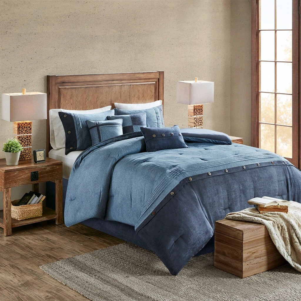 COZY DENIM BLUE 7pc COMFORTER SET WESTERN COUNTRY FAUX SUEDE