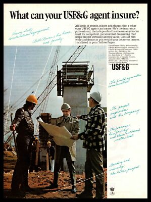 1970 USF&G Life Insurance Agent Hard Hats Construction Job Site Vintage Print Ad