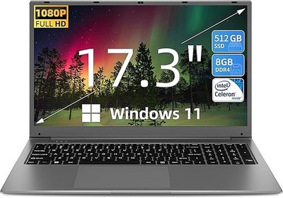 SGIN 17.3'' Full HD Laptop IPS 8GB DDR4 512GB SSD Notebook Windows 11 WIFI 5