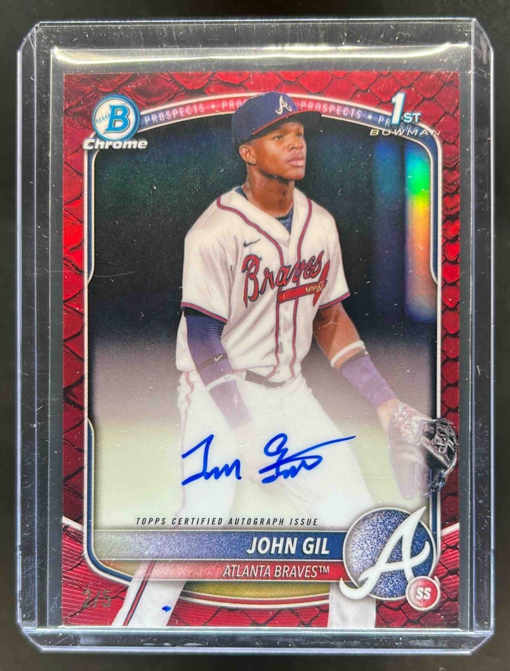 2025 Bowman Chrome John Gil Auto Reptilian Red Refractor 1st Prospect #2/5