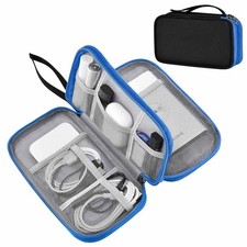 Small Black Blue Portable Cable Organizer Case Travel Pouch Double Layer