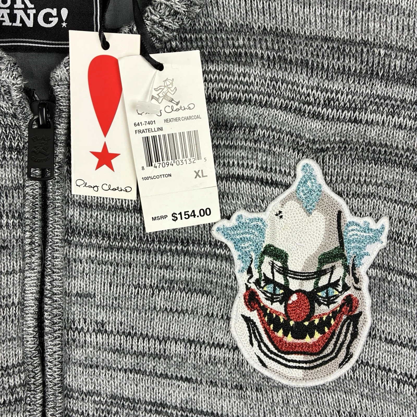 Play Cloths Fratellini Clown Knit Bomber Jacket XL Heather Charcoal 100% Cotton - product detail image 7