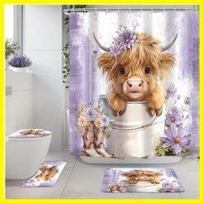 Purple Highland Cow Western Cute 4Pcs Bathroom Shower Curtain Set with Rugs ...