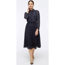 J. Crew Tie Neck Pleated A-line Dress In Watch Tartan Plaid 8 Tall