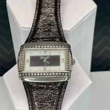 Brighton Montreux Silver Tone Brown Leather Watch Rectangular Face New Battery