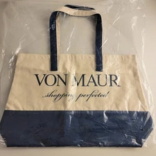 Von Maur "Shopping Perfected" Large Canvas Tote/Beach Bag Navy Blue & Beige, New