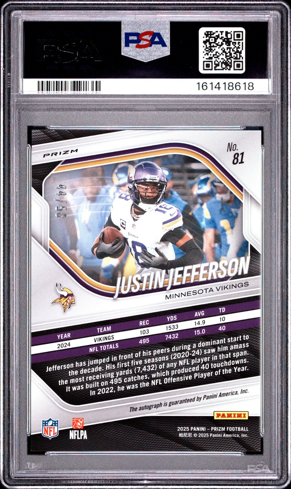 161418618 Justin Jefferson 2025 Panini Prizm #81 Choice Auto /50 PSA 10 view 2