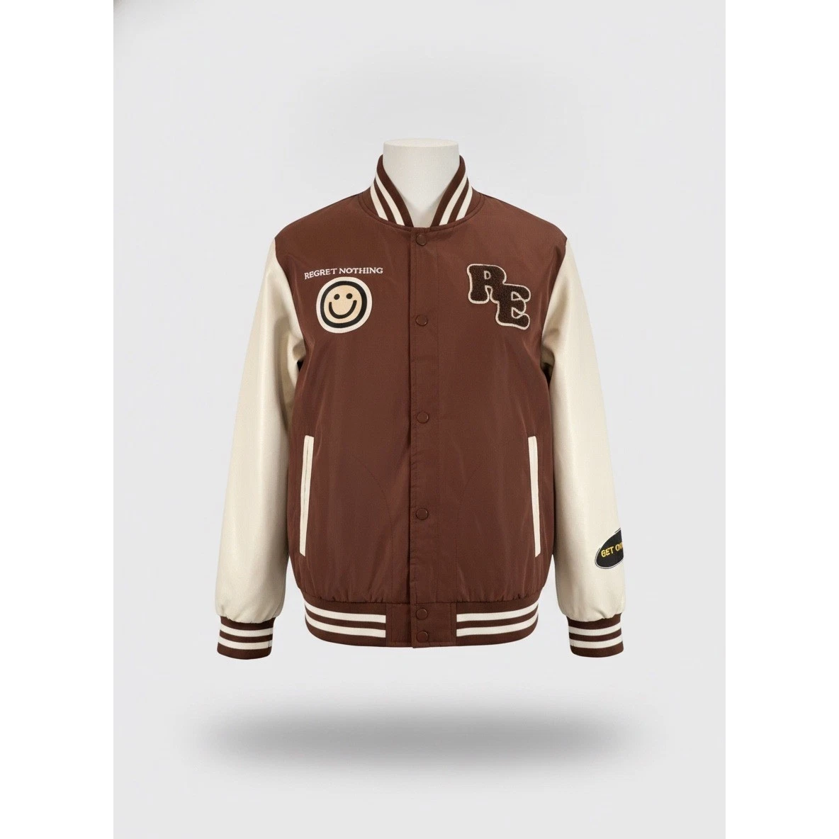 Riot Empire Mens No Bad Vibes Varsity Jacket Brown Cream XL MNJK3060-BRN-RE image 1