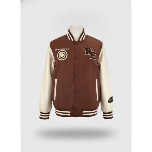 Riot Empire Mens No Bad Vibes Varsity Jacket Brown Cream XL MNJK3060-BRN-RE - product listing photo
