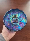 Electric Blue Northwood Carnival Glass Peacock & Urn Small Ice Cream Bowl