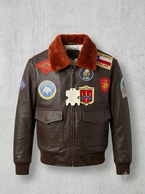 Avirex Flight Leather Jacket Top Gun G-1 Type Brown Fur Collar Patches
