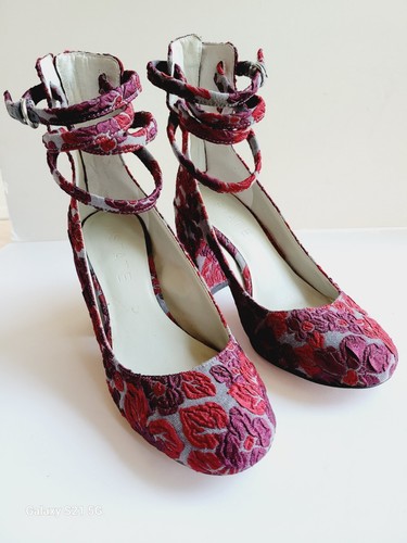 Brocade Mary Jane Heels Red Tapestry Block Heel Shoes Boho Chic Party - Picture 5 of 8