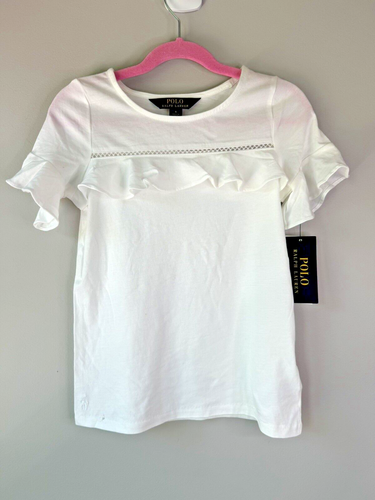 Polo Ralph Lauren Girls Size 6 Flutter Sleeve Ruffle Detail Tee Top White