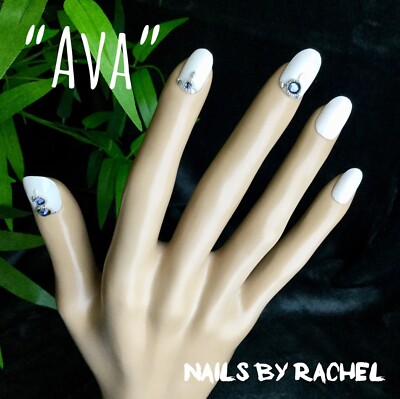 Press On Gel Fake Nails, kurz oval, ''Ava'' [Swarovski ivory blue]