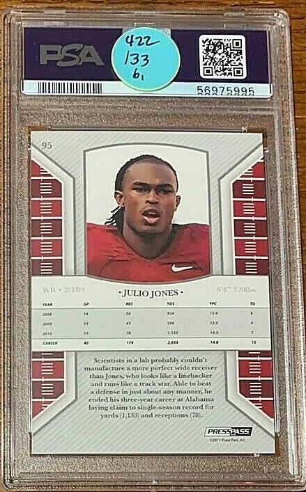 2011 Press Pass Legends Football #95 Julio Jones Rookie PSA 10 Pop 3 - Image 2 of 2