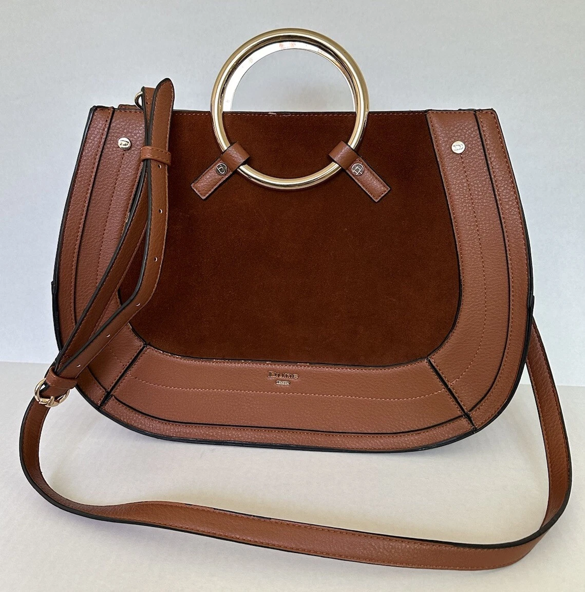 Dune London Brown Leather Suede Large Shoulder Bag Metal Round Top Handles