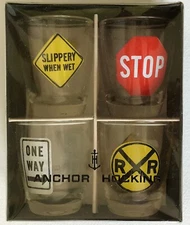 Vintage Anchor Hocking Glass Collectible Traffic Road Signs Shot Glasses Set X4