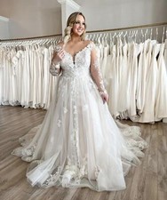 Plus Size Wedding Dresses A Line Lace Sweep Train V Neck Long Sleeve Bridal Gown