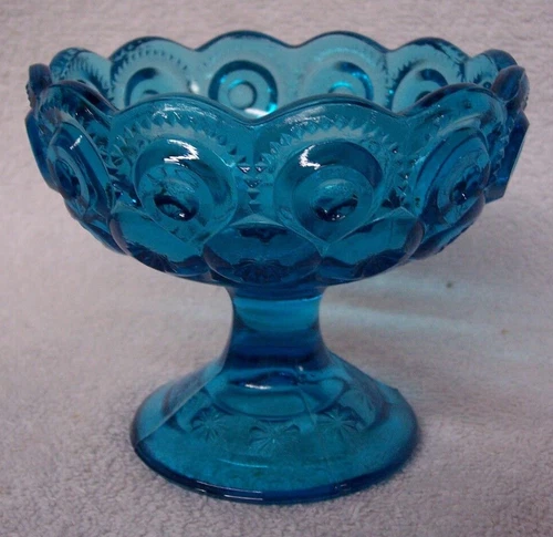 L. E. SMITH GLASS MOON AND STARS PATTERN AQUA COLOR GLASS COMPOTE CANDY DISH