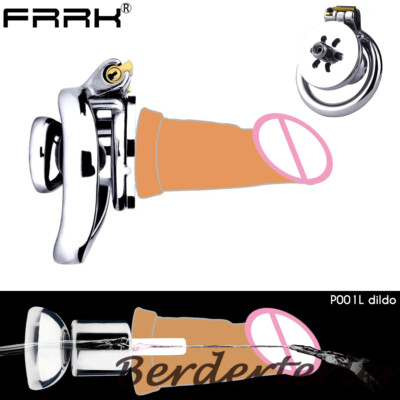 FRRK CB Metal Negative Chastity Cage with Silicone Head To Pee Tube Flat Lock
