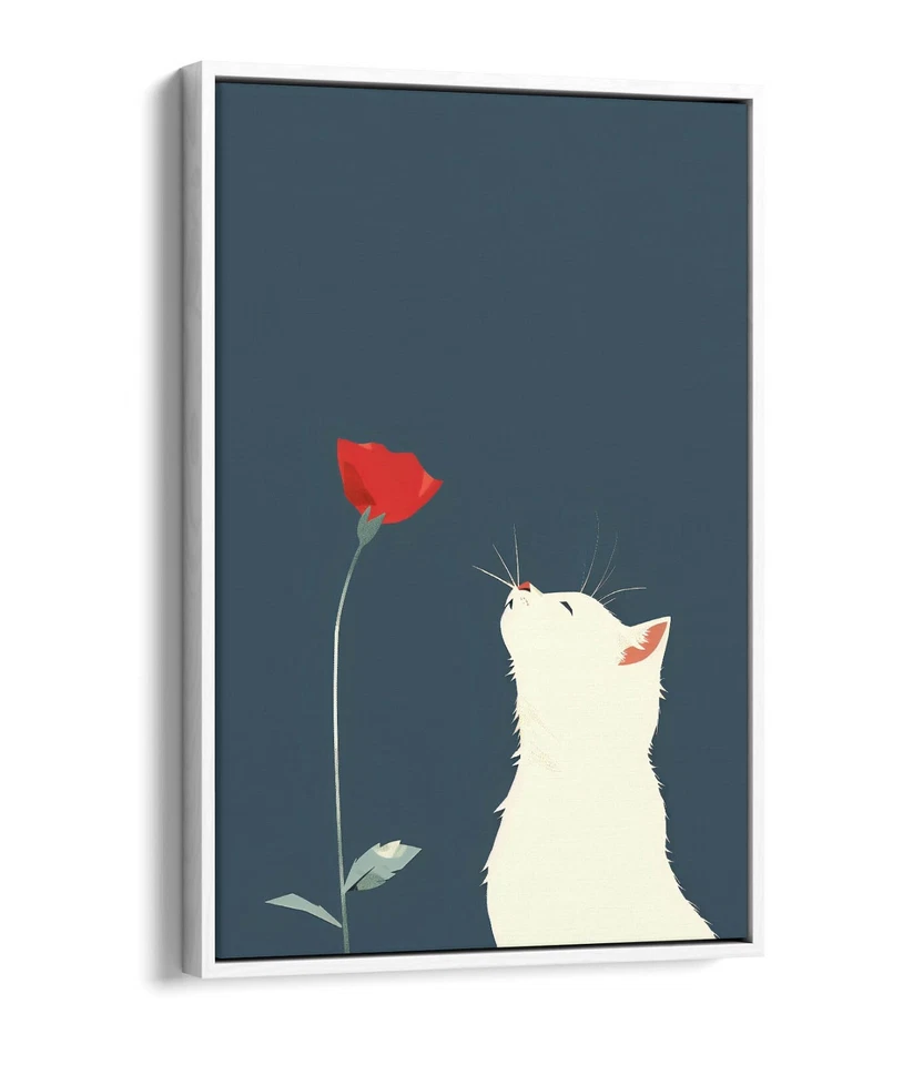 WHITE CAT WITH RED FLOWER ARTWORK -FLOAT EFFECT FRAMED CANVAS WALL ART PRINT - image 4 of 4