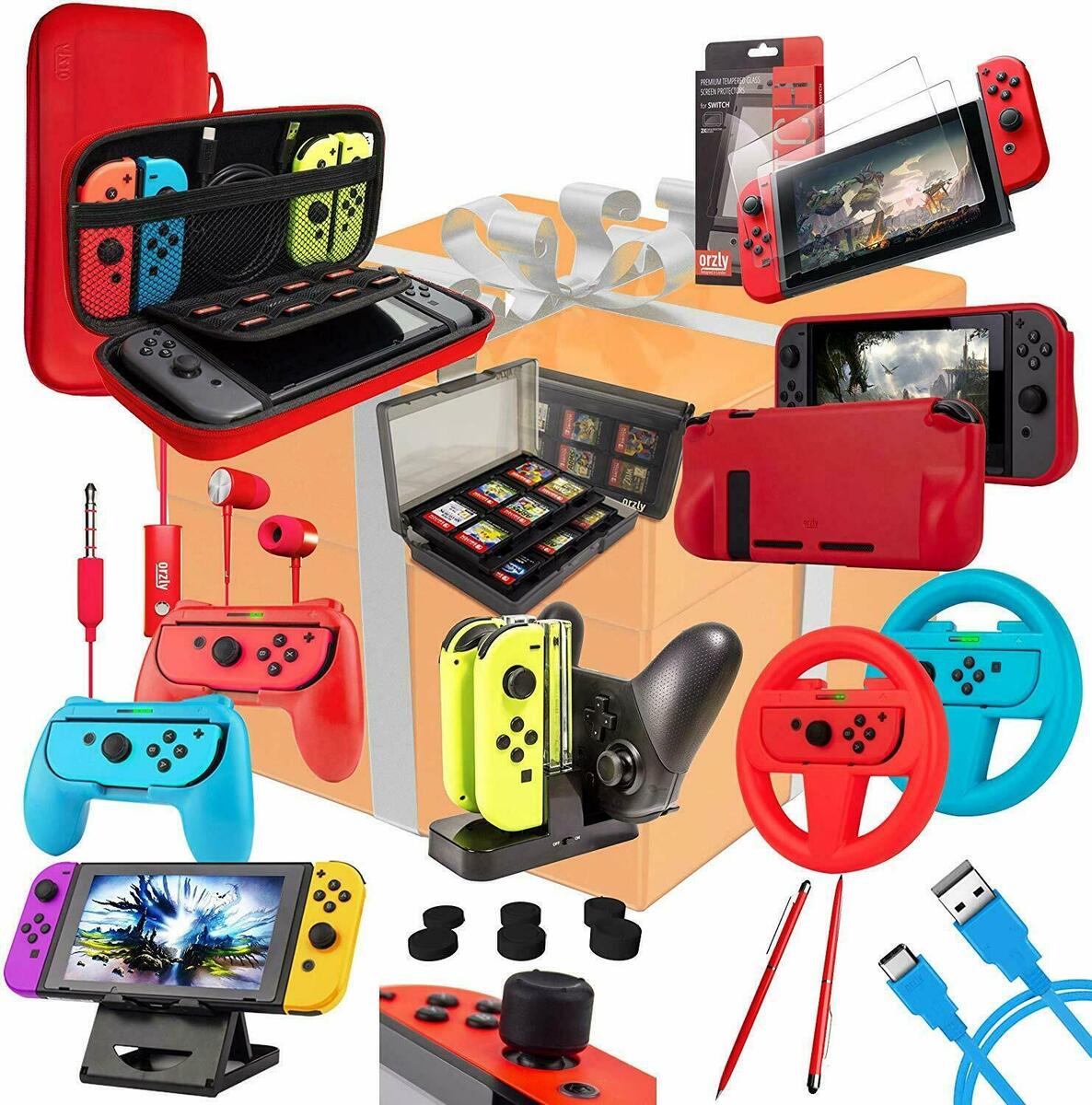 Orzly Accessory Bundle Kit Designed for Nintendo Switch Accessories Geeks  and OLED Console Users Case and Screen Protector, Joycon Grips and Wheels