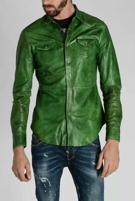 Men's Green Napa Lamb Leather Soft & Lightweight Biker Full Sleeve Leather Shirt
