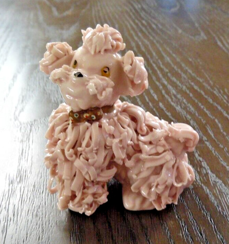 Vtg. Spaghetti Poodle Figurine Ceramic Light Pink with Brownish Gold Bow - D23