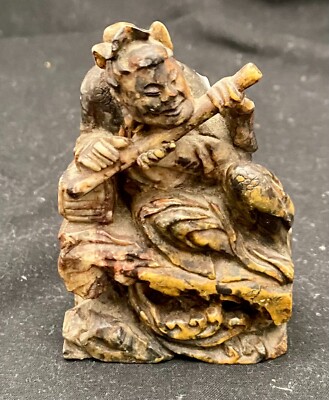 BEAUTIFUL CHINESE SOAPSTONE BUDDHA WITH FLUTE FIGURINE 3.2'', HANDMADE c1920 vg