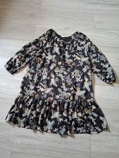 Falmer Black Floral Textured Frilled Flared Dress Sheer Sleeves Boho Retro UK20
