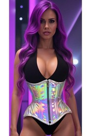 Top Drawer Silver Holo Double Steel Boned Underbust Waist Cincher Corset