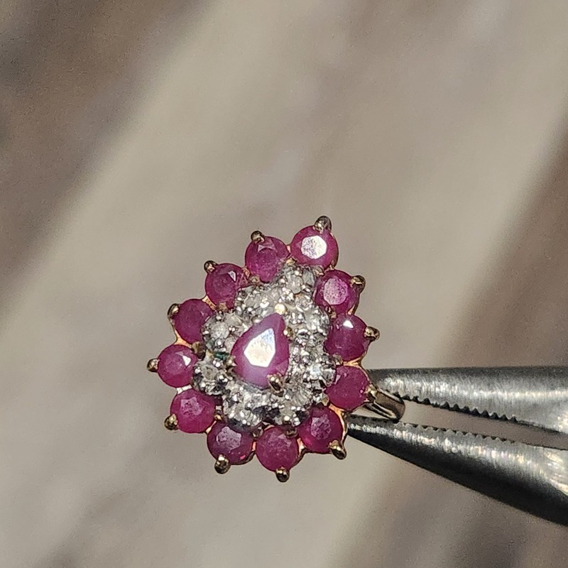 Vintage Ruby & Dimond Cluster Pear Shape Ring Sz 7.  14k Yellow Gold