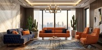 Polstergarnitur 3Sitzer Sofa Sessel Orange Modern Kissen Dunkelblau
