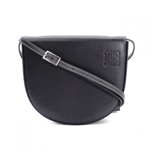 LOEWE Anagram Leather Black Crossbody Shoulder Bag Silver Auth