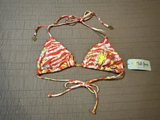 Womens  LULI FAMA Love Me Wild Orange w/ Crystals Wavy Triangle Bikini Top Sz S