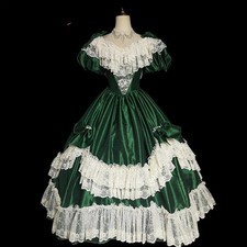 Vintage Dark Green Satin Flower Lace V Neck Puff Sleeve Rose Bow Wedding Dresses