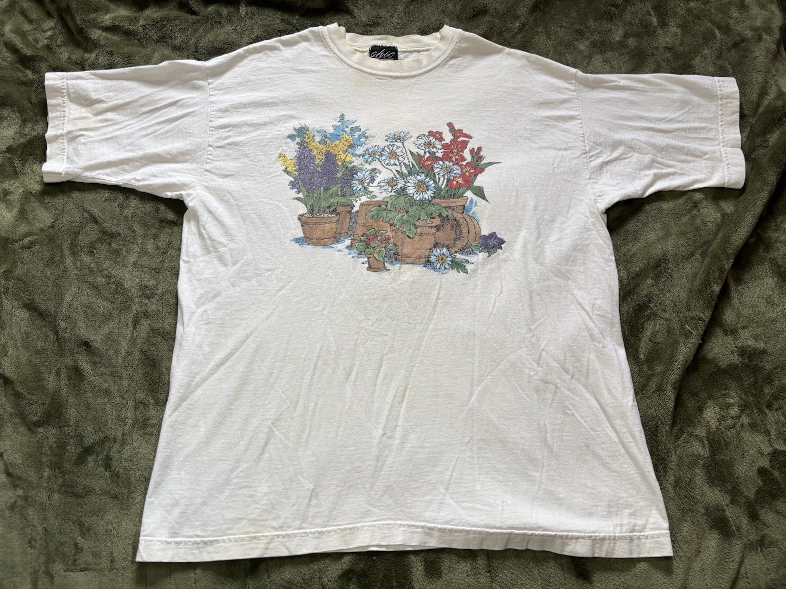 Gardening Shirt Womens OSFM Large White Chic Floral Flower Gardener Vintage 90s