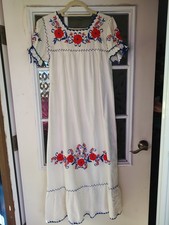 Vintage Mexican Embroidered Dress Floral Handmade Boho Folk White Cotton Maxi
