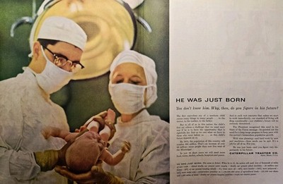 1959 Caterpillar Tractor Co Print Ad - Peoria IL - Newborn Baby's Future Needs 